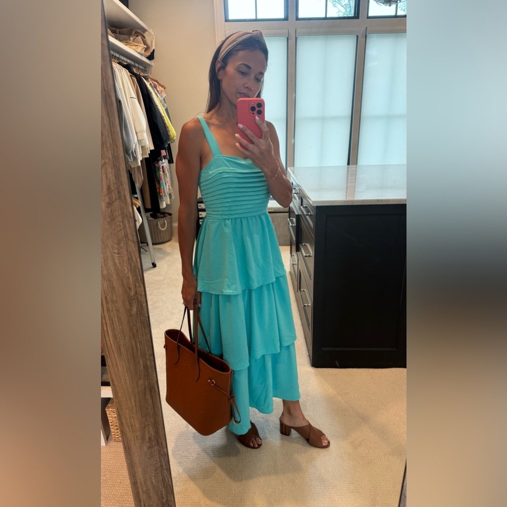 Elegant Aqua Tiered Maxi Dress Size S/M